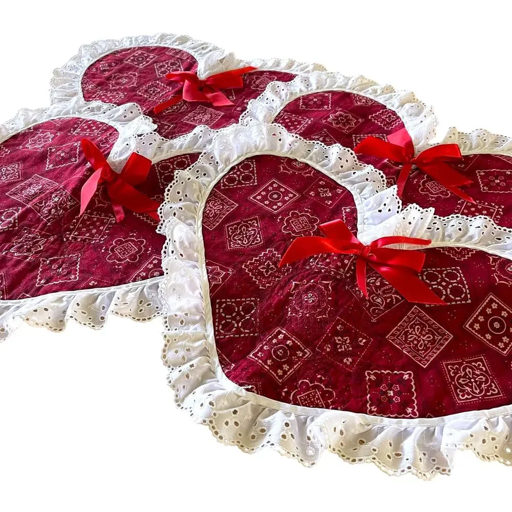 4pc Handmade Reversible Heart Placemats Red Bandana Fall Fabric Cottage